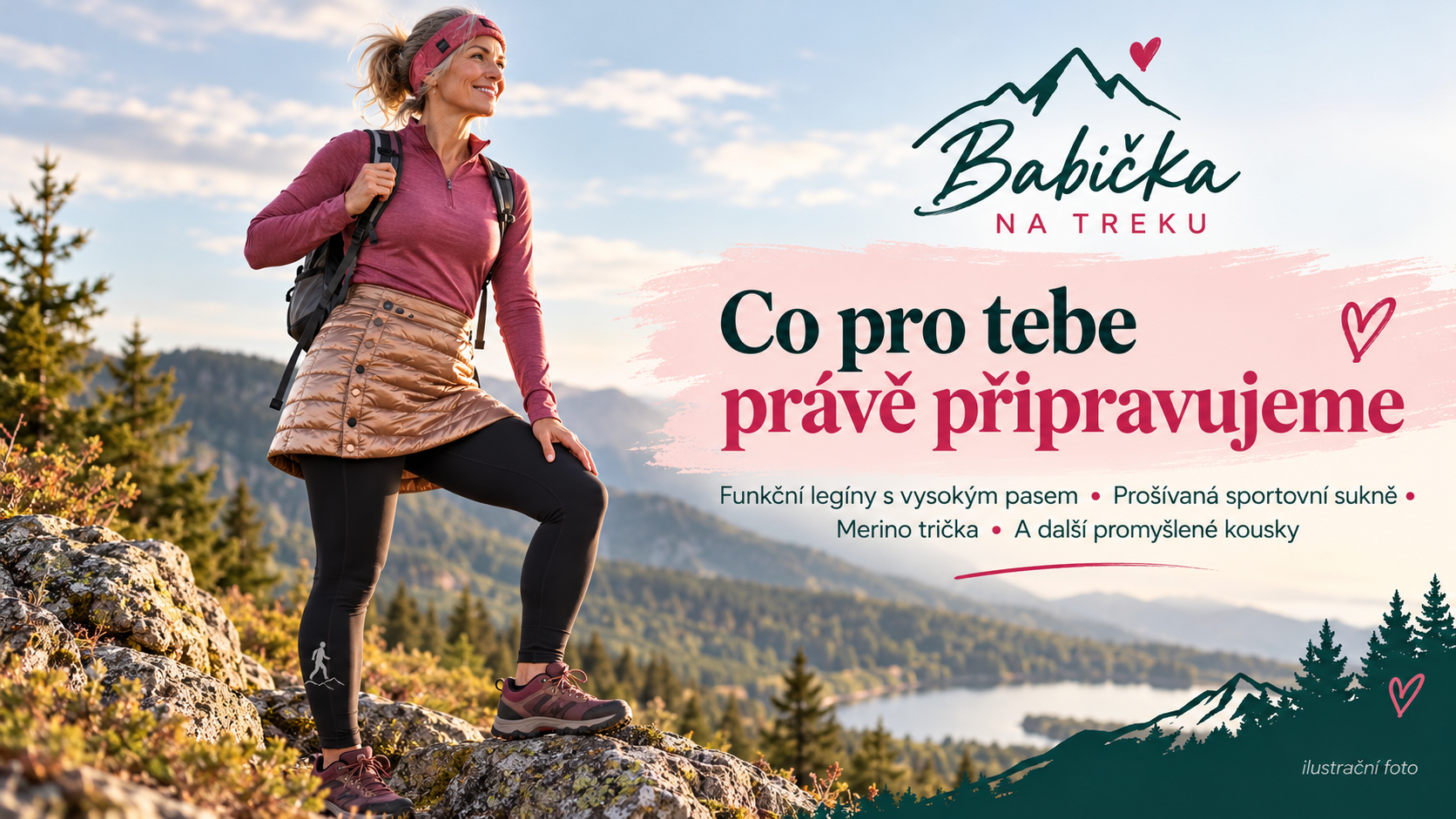 Babička na treku v horách
