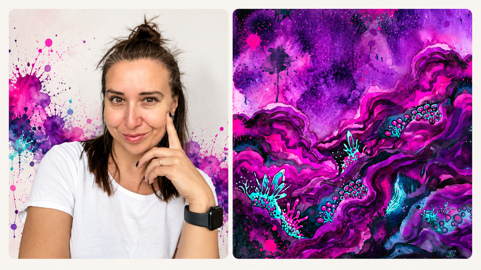 Retrato de artista y acuarela cósmica
